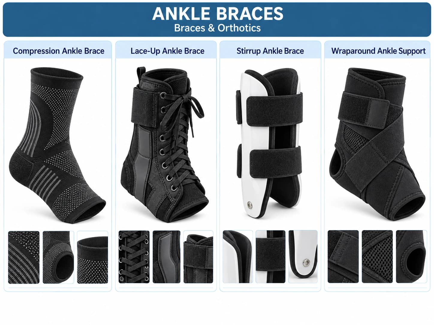 Compression, lace-up, stirrup and wraparound ankle supports with close-up views.