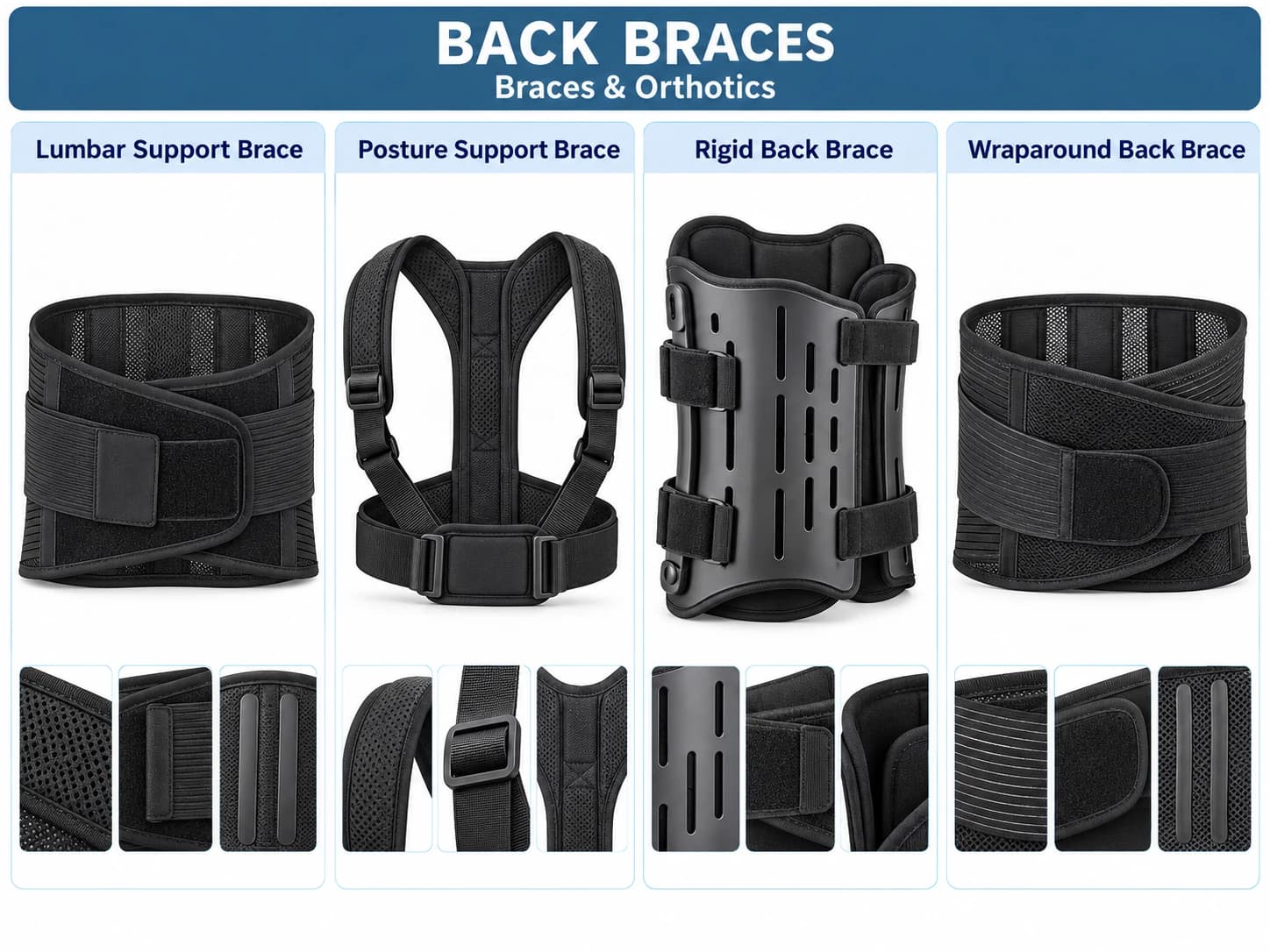 Lumbar support, posture support, rigid and wraparound back braces with close-up views.