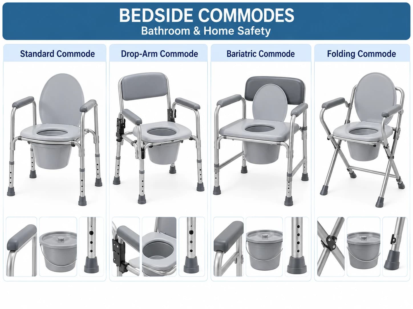 Standard, drop-arm, bariatric and folding bedside commodes with close-up views.