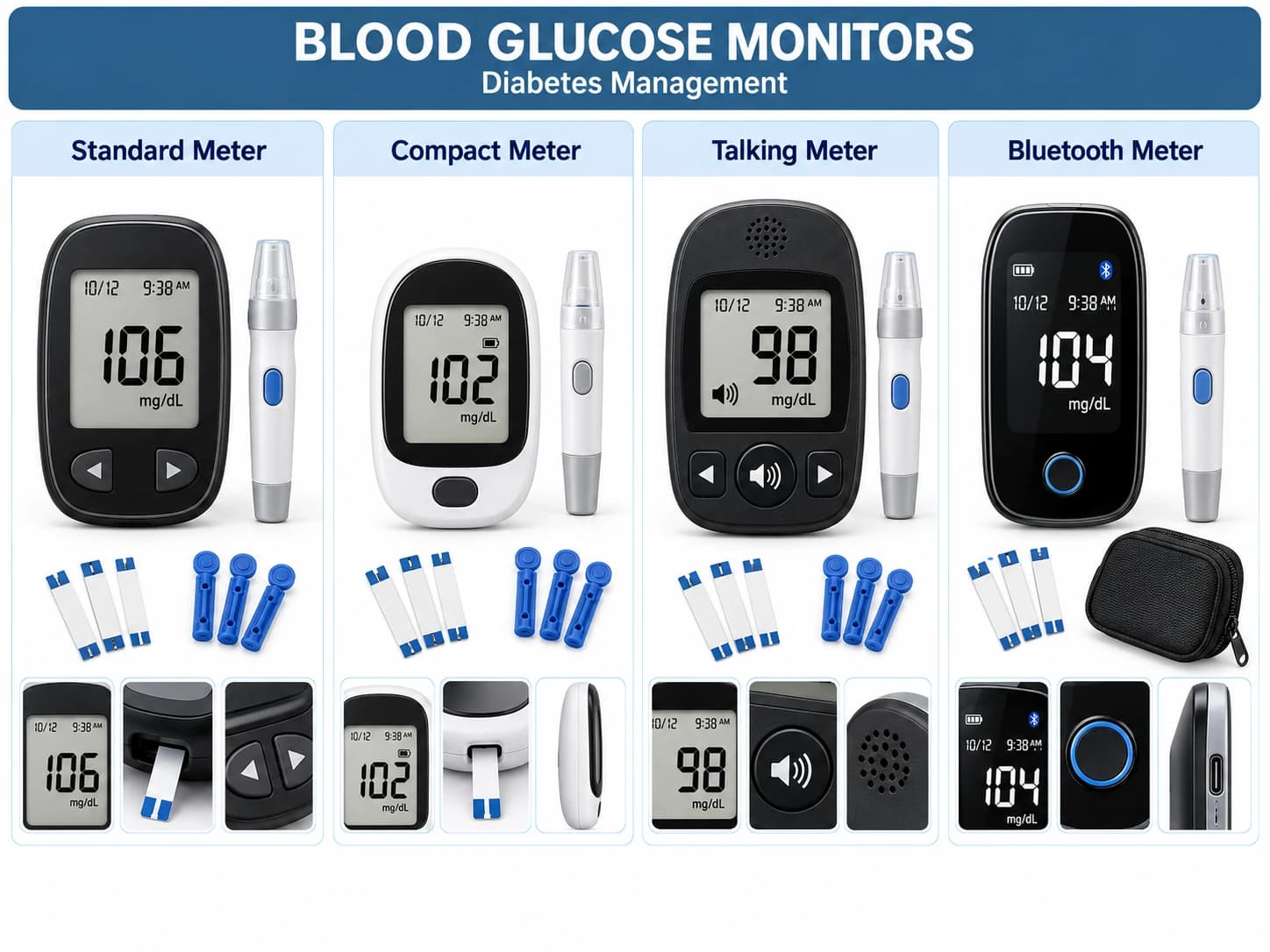 Standard, compact, talking and Bluetooth blood glucose meters with testing accessories.