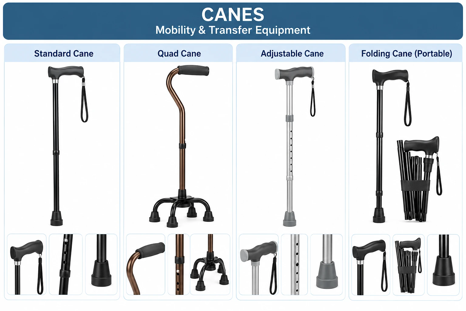 Standard, quad, adjustable and folding canes with close-up views.