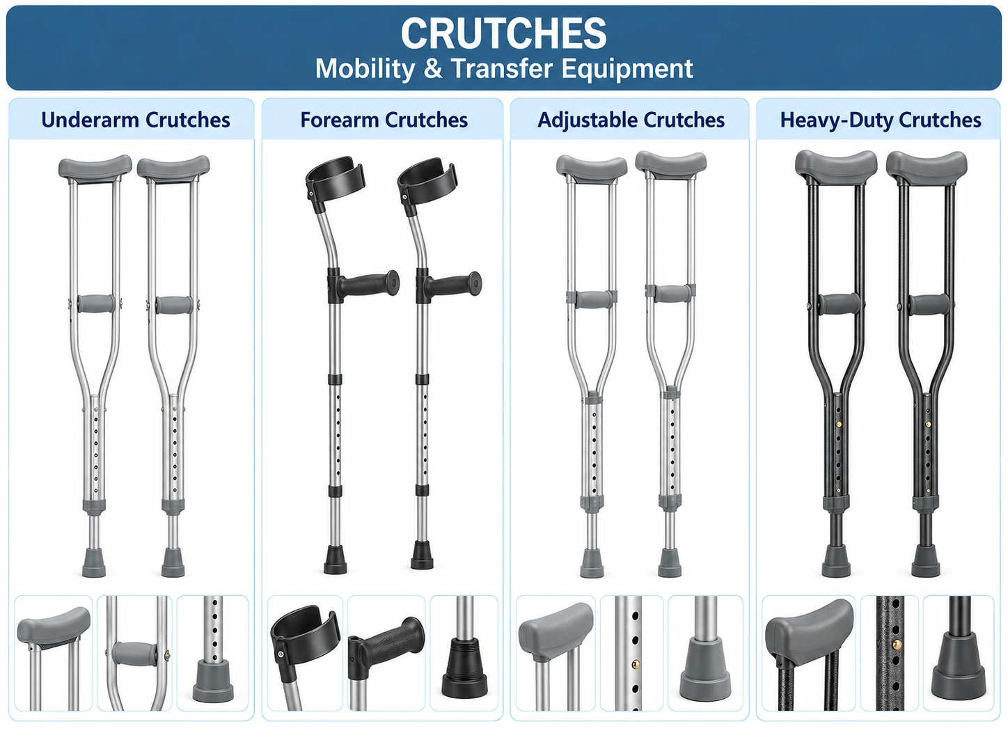 Underarm, forearm, adjustable and heavy-duty crutches with close-up views.