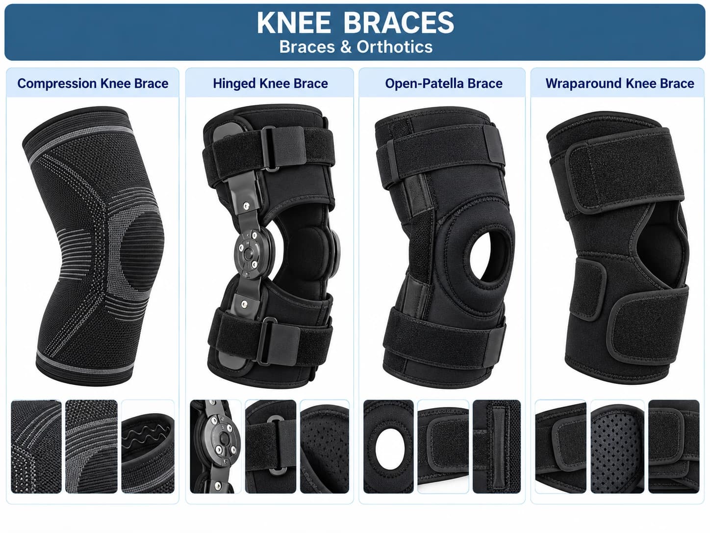 Compression, hinged, open-patella and wraparound knee braces with close-up views.