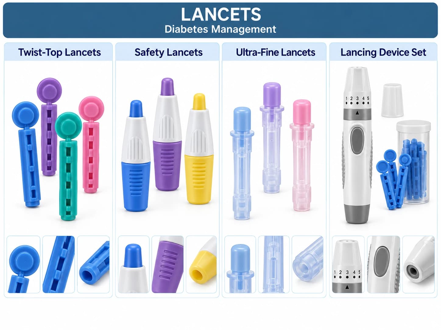 Twist-top, safety and ultra-fine lancets alongside a lancing device set.