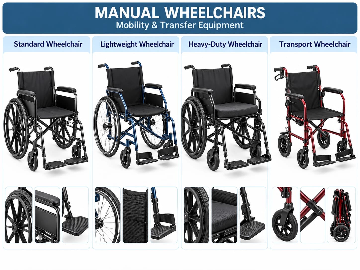 Standard, lightweight, heavy-duty and transport wheelchairs with close-up views.