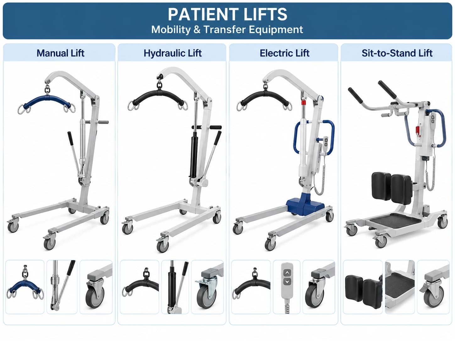 Manual, hydraulic, electric and sit-to-stand patient lifts with close-up views.