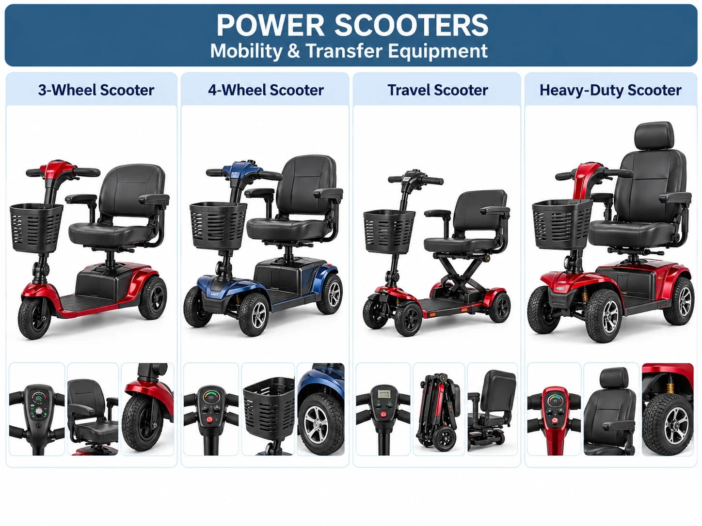 Three-wheel, four-wheel, travel and heavy-duty power scooters with close-up views.