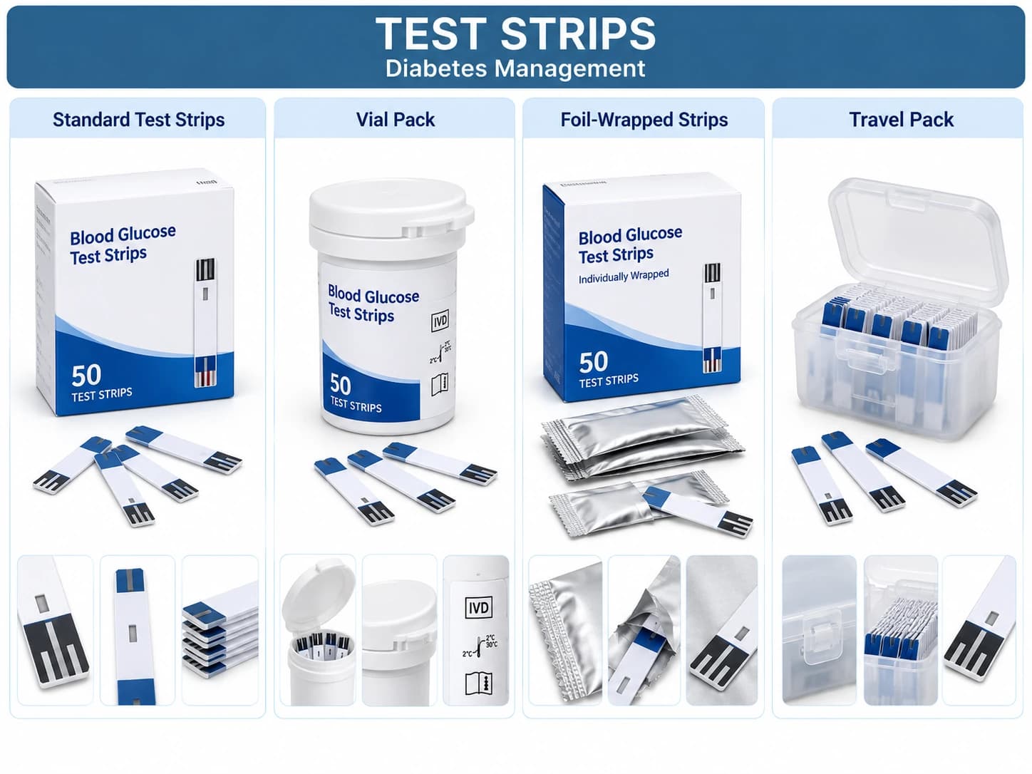 Blood glucose test strips in standard, vial, foil-wrapped and travel packs.