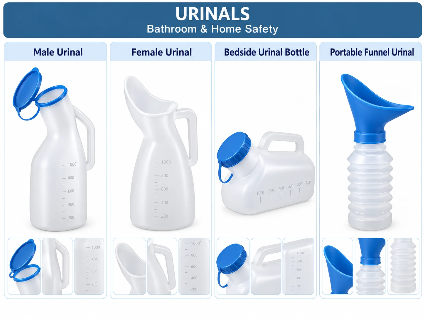 Male, female, bedside bottle and portable funnel urinals with close-up views.