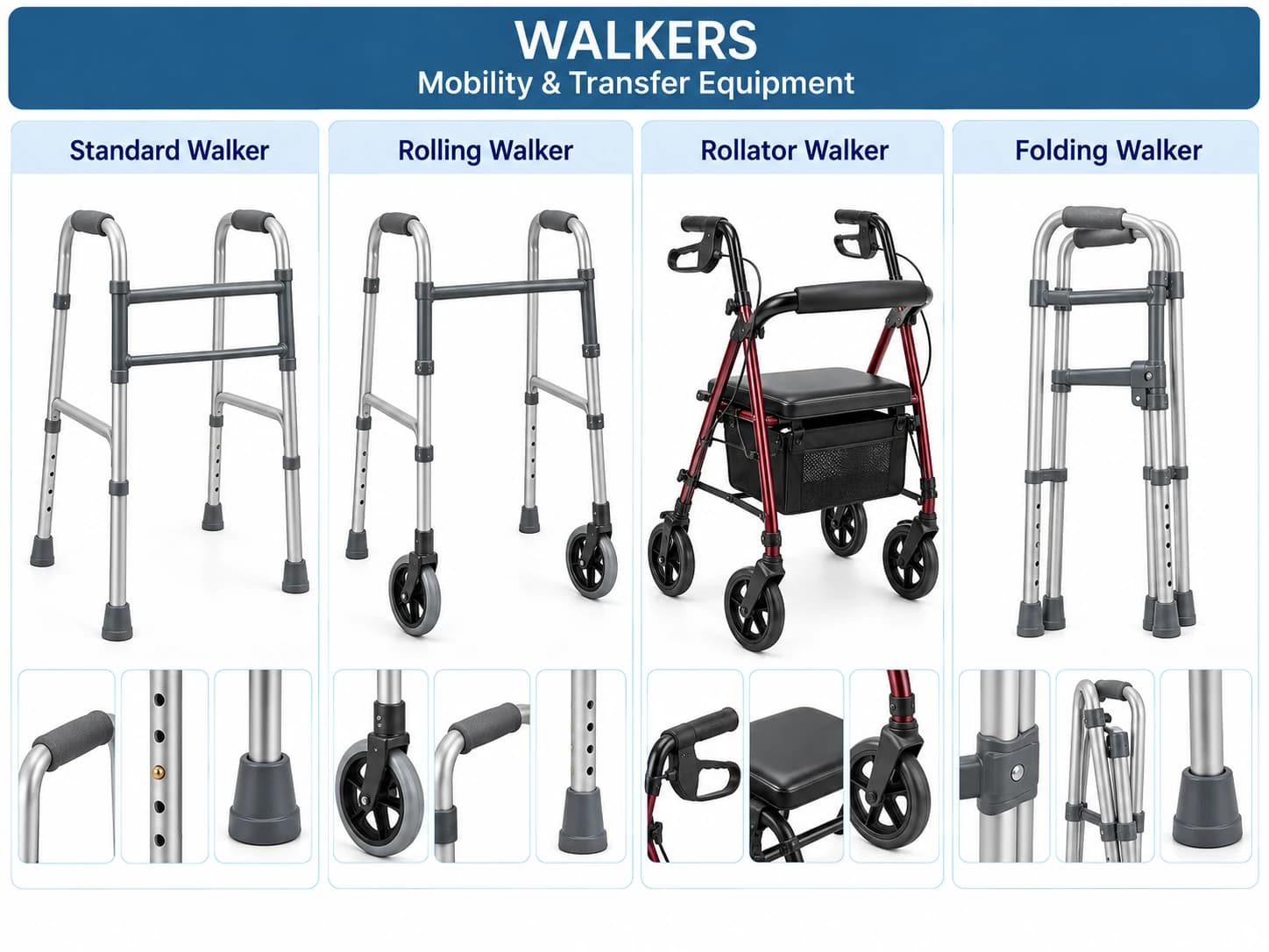 Standard, rolling, rollator and folding walkers with close-up views.