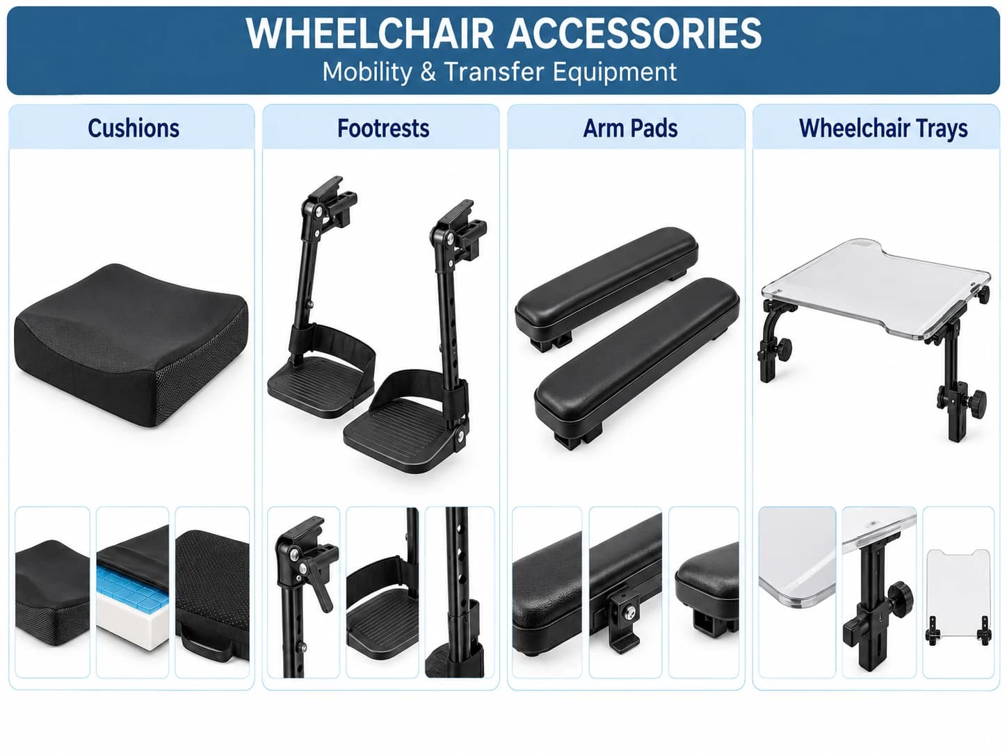 Wheelchair cushions, footrests, arm pads and trays with close-up views.
