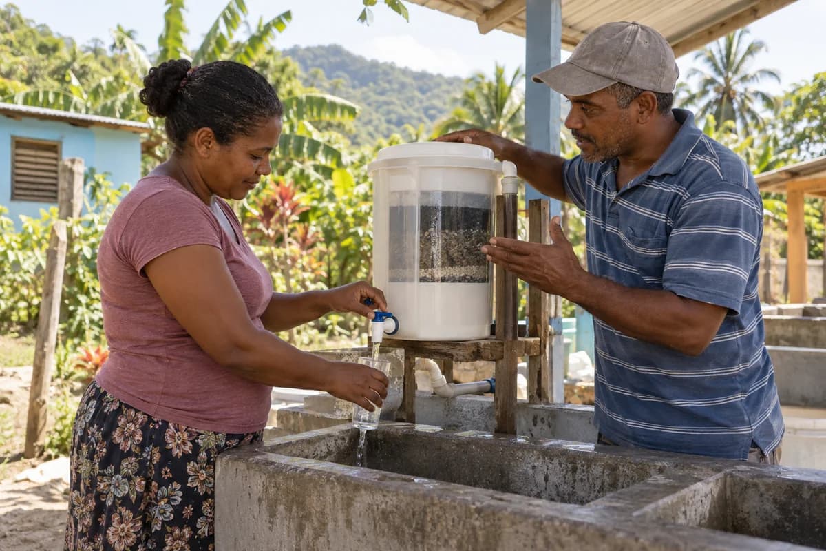 Illustration of volunteers demonstrating a community water filter