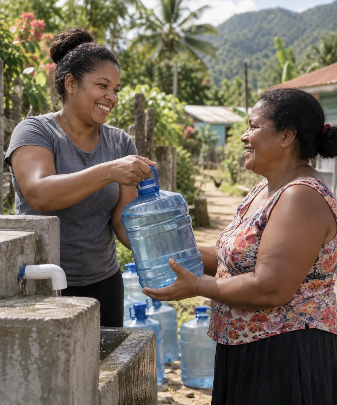 Illustration of a volunteer sharing clean drinking water with a neighbor