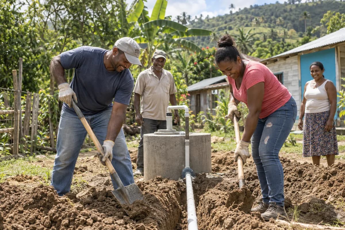 Illustration of volunteers digging beside a community water well