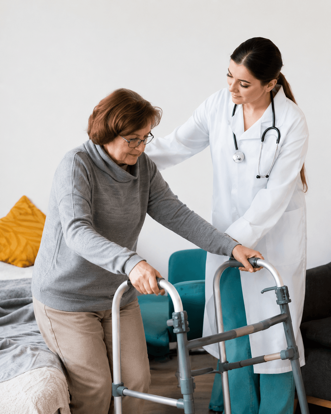 A caregiver sharing a warm conversation with an older woman at home