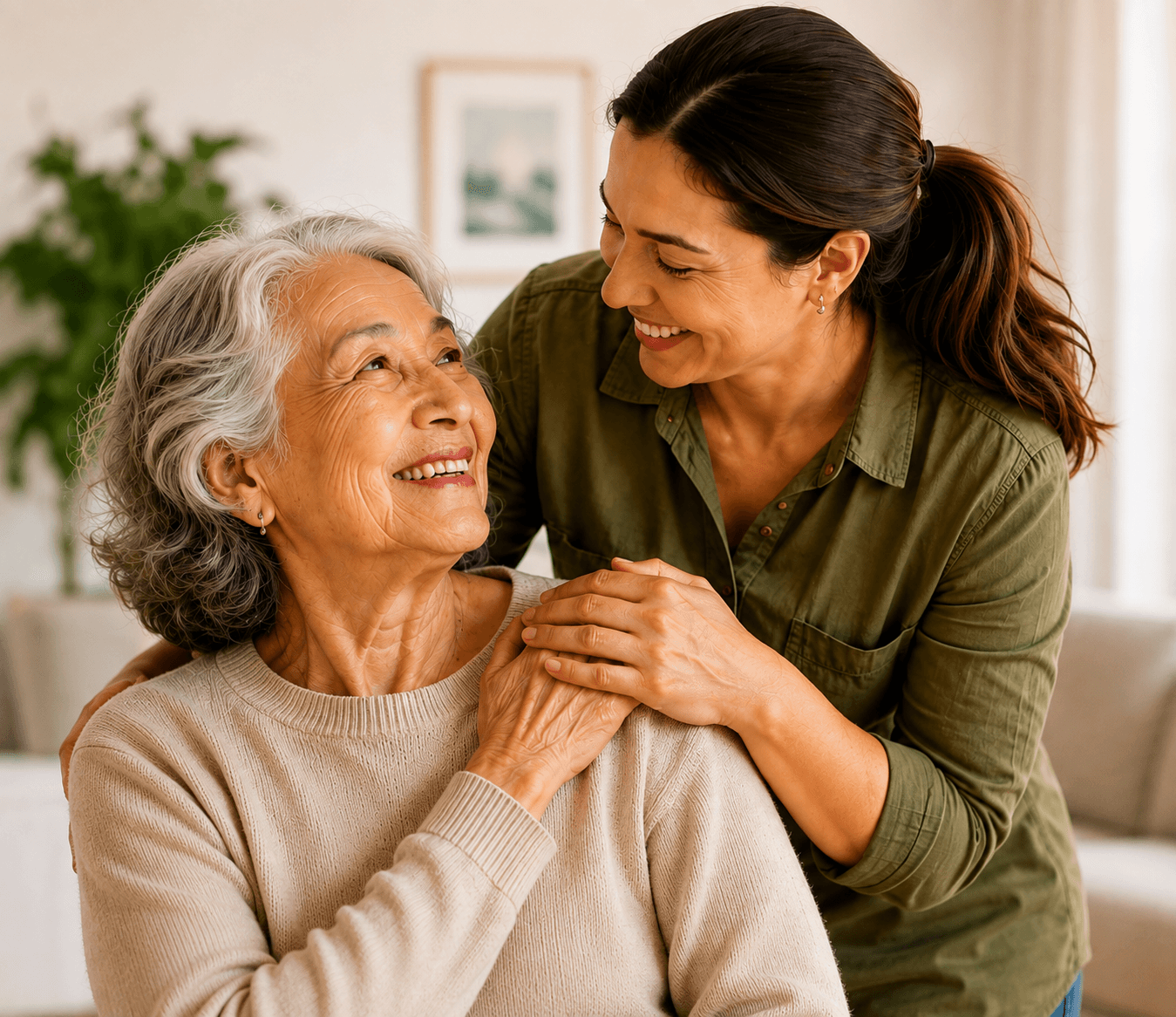 An older woman smiling at her caregiver, their hands resting together on her shoulder