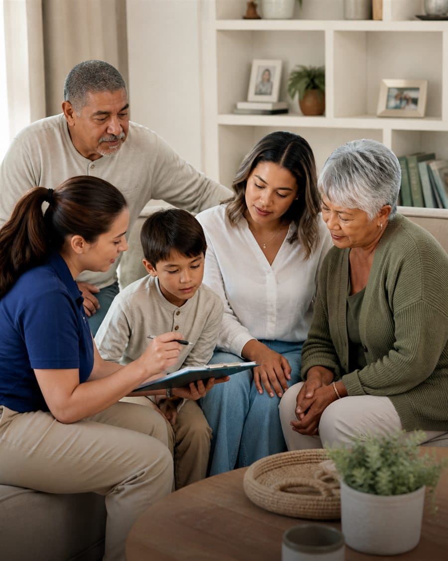 A care professional discussing a support plan with a family at home