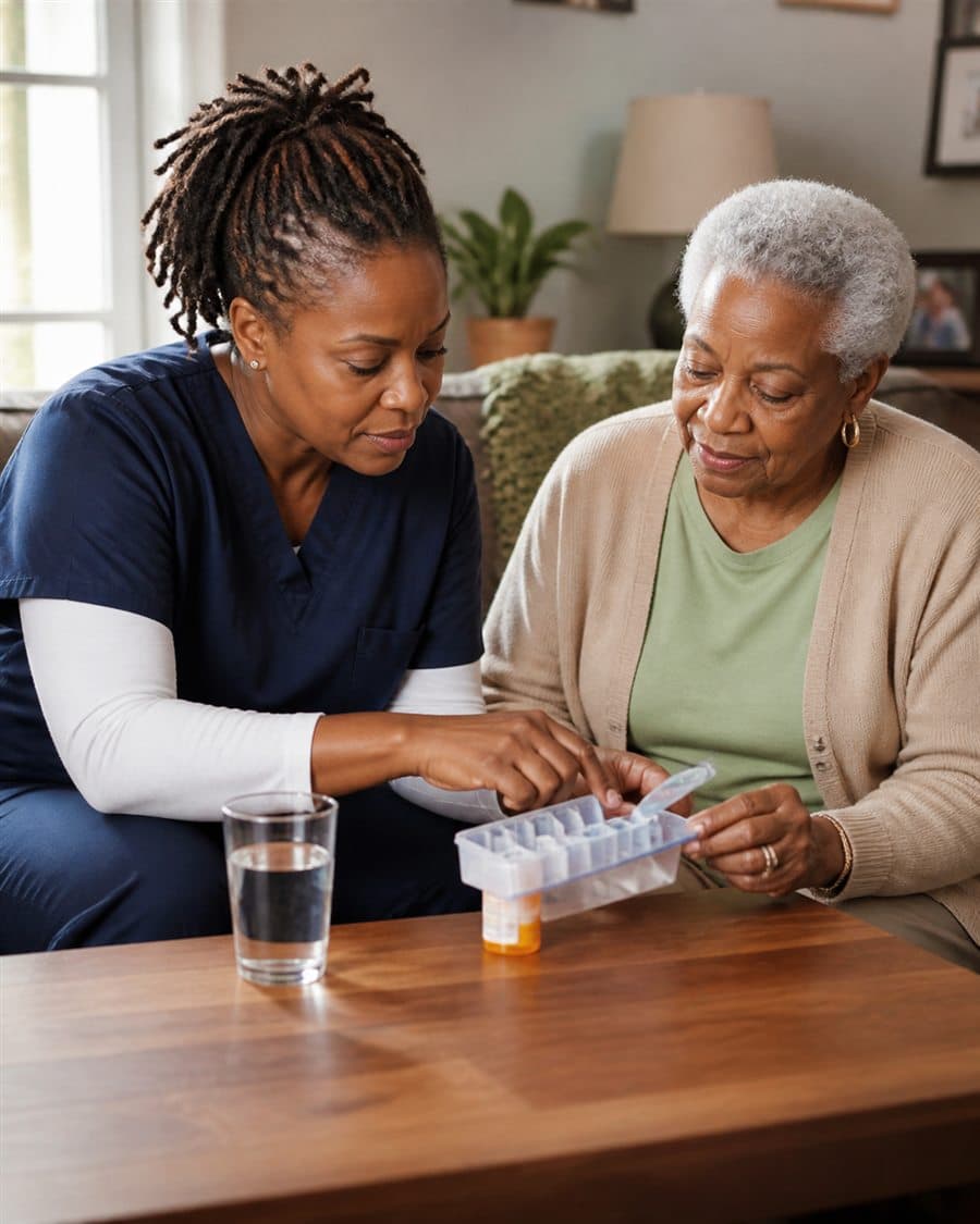 A home-care professional and an older woman organizing medication together