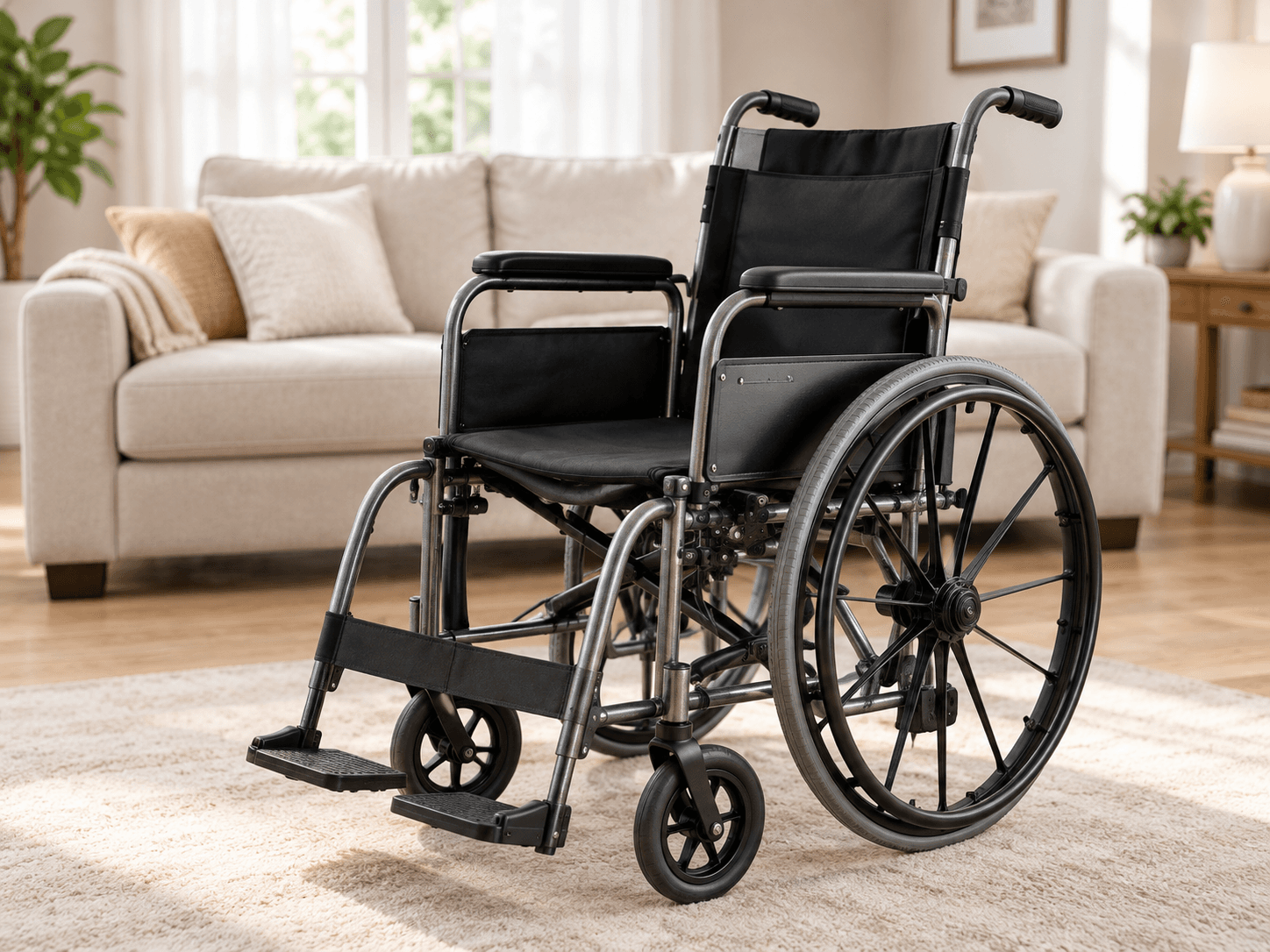 A wheelchair prepared for use in a comfortable home