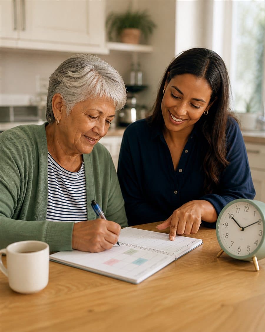 Two women working on a weekly schedule together at a table